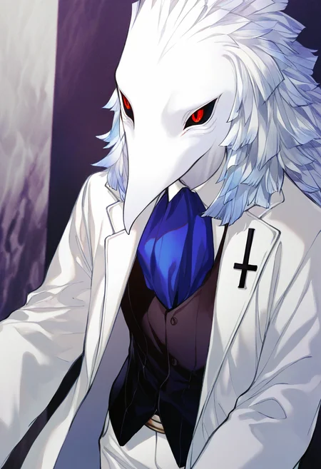 artist:gomzi,artist:wanke,artist:diyokama, rei_(sanbonzakura),[[artist:fuzichoco]],year 2023,
1boy, solo,
caesar \(higyaku no noel\), animal head, red eyes, black sclera, colored skin, white skinï¼
white coat, black vest, blue ascot, white pants, inverted cross
upper body, storm,
<lora:ntmf_majorcharacters.ilxl:1>