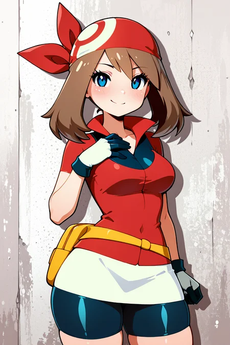 masterpiece, best quality, medium breasts, (curvy), ,,, BREAK, zzMay, may (pokemon), solo, brown hair, blue eyes, medium hair, red shirt, bike shorts, red bandana, red shirt, gloves, white miniskirt, yellow belt, <lora:MayPokemonIXL_v2:1.0>,BREAK, smile, looking at viewer, cowboy shot, <lora:QuickCuteIXL:1.0>, ,
