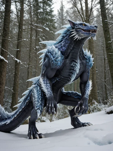 <lora:MH_Lunagaron_a1_8_PonyXL:.8>, score_9,score_8_up,score_7_up, nature photography,  (close_up shot, portrait), low angle shot, 
cropped photo, warm tones,
mhlunga,solo,feral,detailed background,yellow eyes,black sclera,forest,snow,ice claws ,ice spikes,standing on hind legs
hardlight , bloom, subsurface scattering, sharp hyper detailed, (shiny metallic skin:1.2), (ultra-detailed scales:1.1), bright highlights, <lora:RM_Enhancer_v1.0_bf16:.1>  <lora:p:.2> <lora:Add_More_details_SD3:.5>