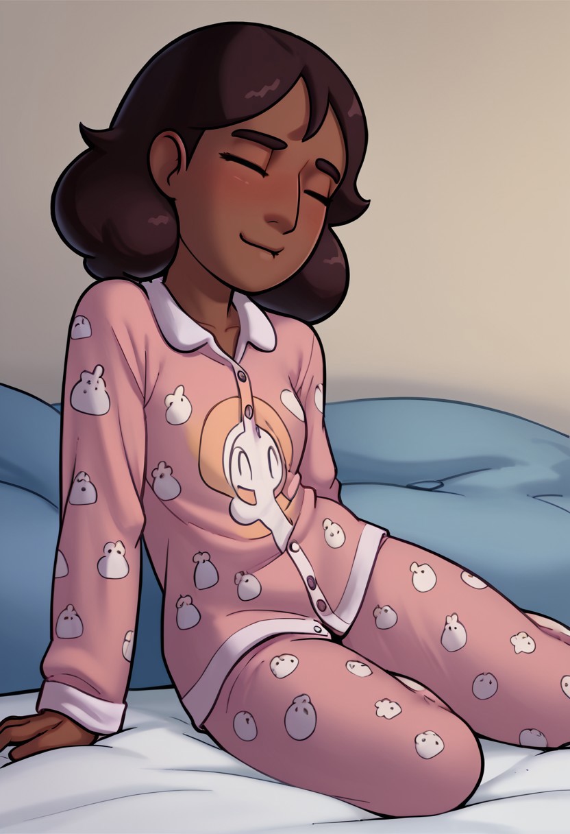 score_9, Score_8, relatedguy, solo, 1girl, CHCONNIE, print_pajamas, brightmoonbedroom