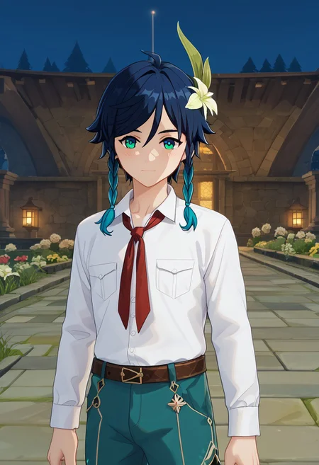 score_9, score_8_up, score_7_up, source_anime, anime screencap, collarbones, sexy guy, sexual expression, sexy look, blush, (man, 1 boy, male:1.2), venti, gradient hair, dark blue hair, green hair, twin braids, green eyes, white shirt, red nectie, blue pants, brown belt, amazing background, Male Cosplayer, cosplay costume, flower in hair, genshin impact style