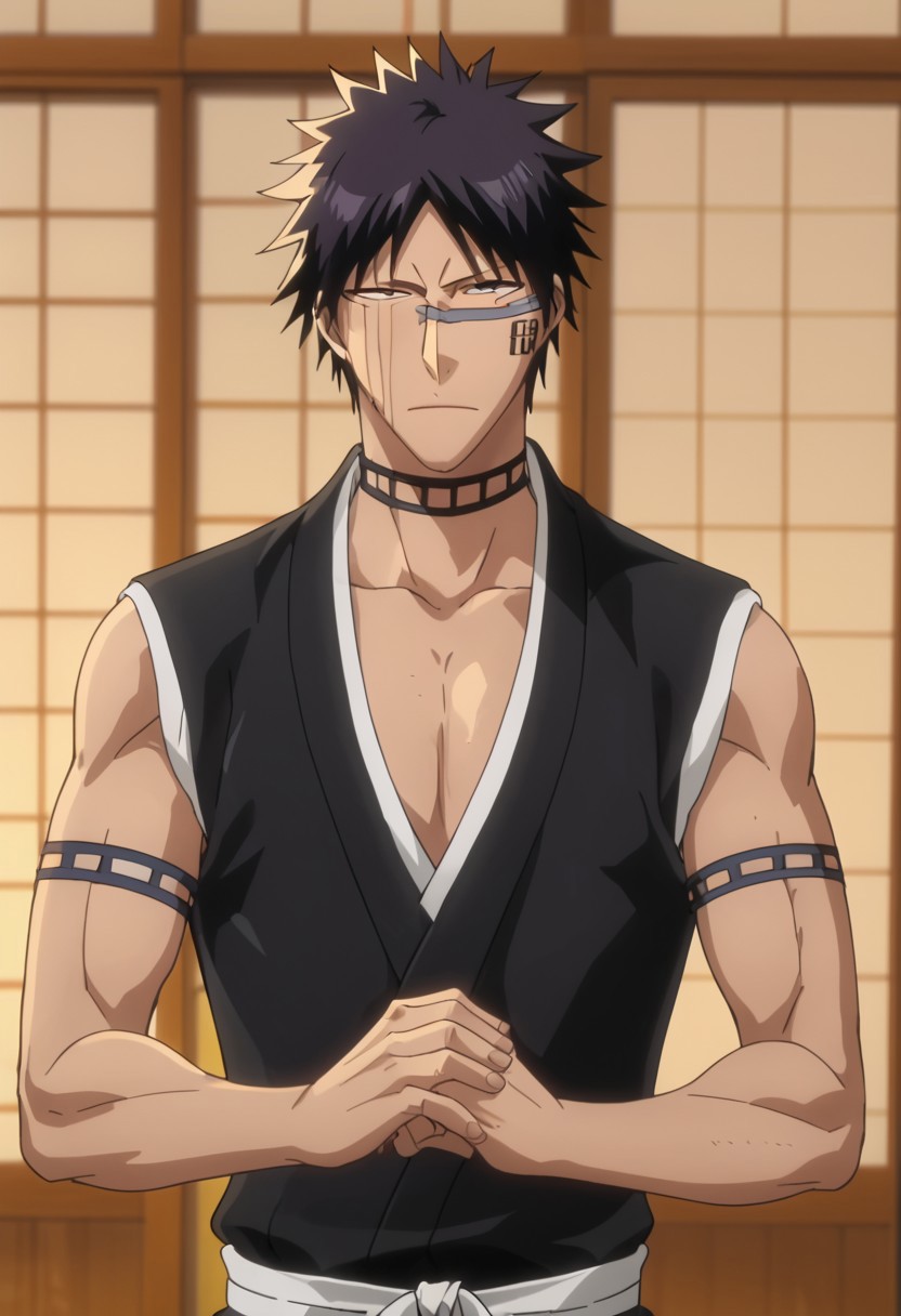 score_9, score_8_up, rating_nsfw, ultra hd, absurdres, best quality, ultra quality, masterpiece, masculine, solo, 1boy, male focus, best anatomy, best eyes, detailed eyes, best hands, hand with five fingers, mature male, anime screencap,
HisagiShuhei69, 1boy, black sleeveless Kimono, upper body, Japanese sliding door, looking at viewer, detailed background