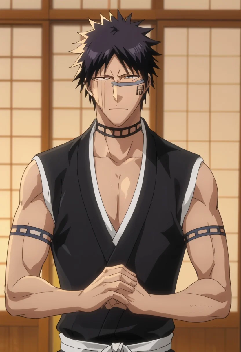 score_9, score_8_up, rating_nsfw, ultra hd, absurdres, best quality, ultra quality, masterpiece, masculine, solo, 1boy, male focus, best anatomy, best eyes, detailed eyes, best hands, hand with five fingers, mature male, anime screencap,
HisagiShuhei69, 1boy, black sleeveless Kimono, upper body, Japanese sliding door, looking at viewer, detailed background