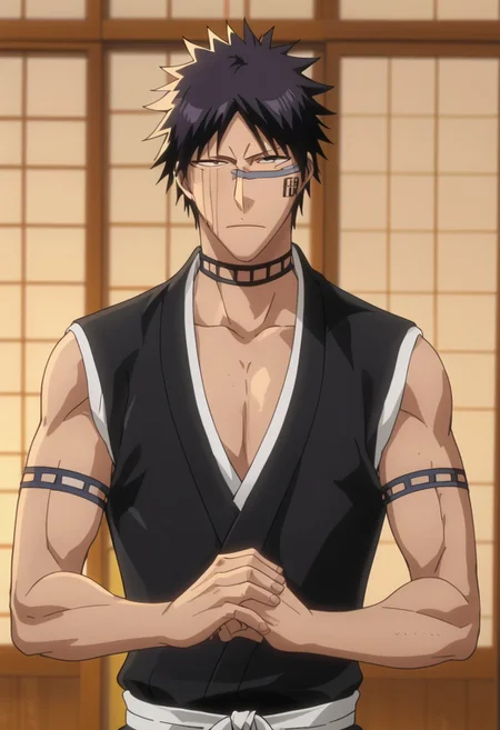 score_9, score_8_up, rating_nsfw, ultra hd, absurdres, best quality, ultra quality, masterpiece, masculine, solo, 1boy, male focus, best anatomy, best eyes, detailed eyes, best hands, hand with five fingers, mature male, anime screencap,
HisagiShuhei69, 1boy, black sleeveless Kimono, upper body, Japanese sliding door, looking at viewer, detailed background