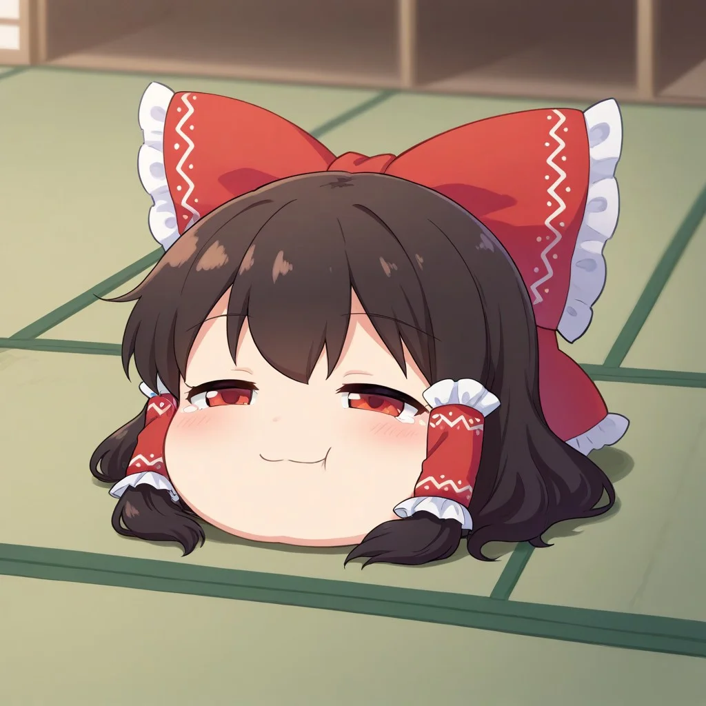 masterpiece, best quality, amazing quality, rating:safe, 1girl, solo, hakurei reimu, touhou, black hair, medium hair, hair bow, yukkuri_shiteitte_ne