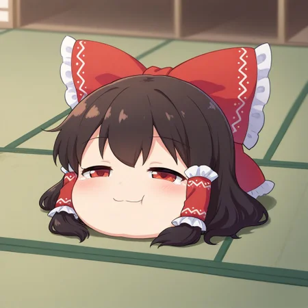 masterpiece, best quality, amazing quality, rating:safe, 1girl, solo, hakurei reimu, touhou, black hair, medium hair, hair bow, yukkuri_shiteitte_ne