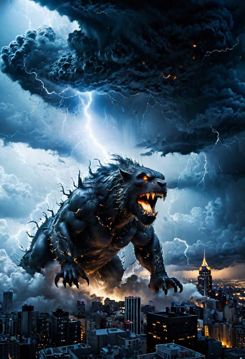 black clouds, rain, lightening, dark, night, ( beast appears from the rolling cloud), The beasts looks down as he towers above the city below,  nightmare