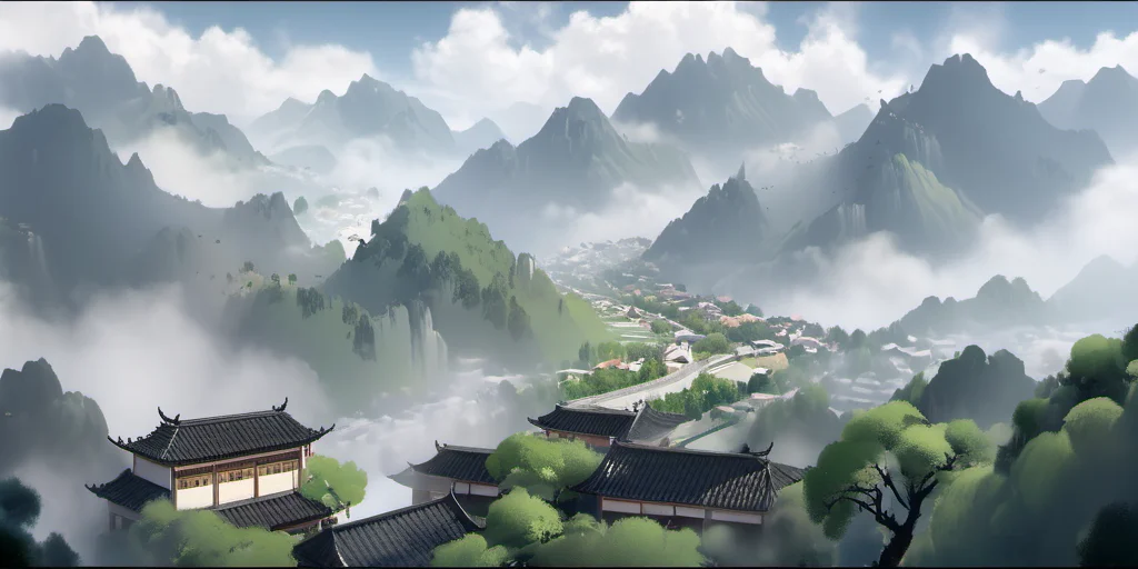 Sweeping Day Photography, chinese town with mountains, best quality, high quality, masterpiece, 8K UHD, highly detailed, ultra detailed <lora:sweeping-day_lora_r64_sdxl:1.0>