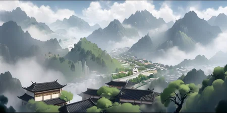 Sweeping Day Photography, chinese town with mountains, best quality, high quality, masterpiece, 8K UHD, highly detailed, ultra detailed <lora:sweeping-day_lora_r64_sdxl:1.0>