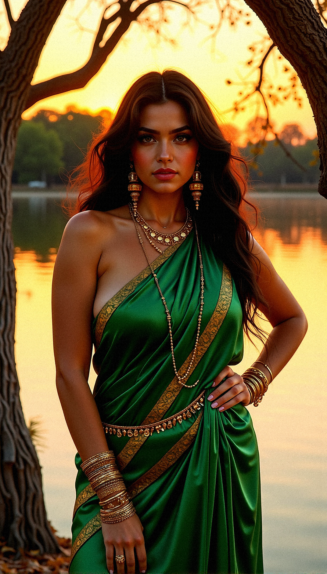 a photorealistic scene where a slightly voluptuous and tanned woman draped in a vibrant green scarf with golden pattern stands at the edge of a serene lake, framed by the twisted branches of a tree. Her intense gaze is accentuated by dark, flowing hair and a collection of gold jewelry, including large, ornate earrings and several bangles. The setting sun casts a warm, golden light over the scene, illuminating the autumn leaves that carpet the ground and reflecting off the calm water. The orange hues of the sunset blend with the green of her scarf, creating a sense of harmony with nature. She appears both regal and mysterious, as if she is the guardian of this tranquil lakeside, her presence adding depth and intrigue to the serene landscape. The combination of her bold, confident expression and the peaceful, natural surroundings makes for a captivating scene that feels both otherworldly and deeply connected to the earth.

Visual Aesthetics to Enhance Photorealism:
Fine detailing on the twisted tree bark.
Depth-enhancing shadows on jewelry.
Soft, natural gradients in the sunset sky.
Detailed facial texture for lifelike skin.


With one hand resting on her hip, the other holding a branch, as her earrings reflect the golden light.
