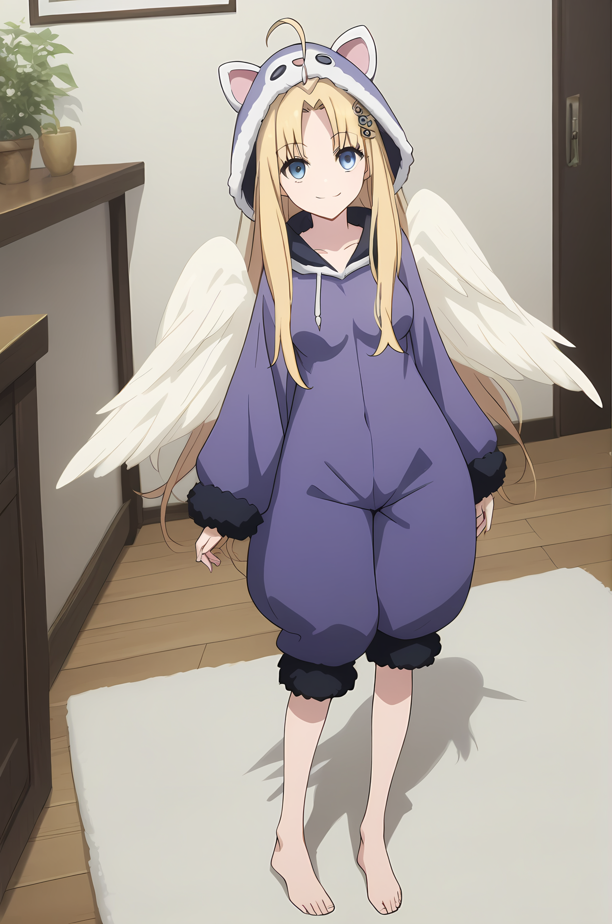 (animal costume:1.40), sh-filo, white wings, long hair, parted bangs, ahoge, hair ornament, blue eyes, 1girl, solo, skinny, (score_9, score_8_up, score_8, score_7_up), score_7, score_6_up, score_6, source_anime,
(light smile:1.20),
(indoors:1.20),
(full body:1.30),
(:1.30), <lora:sh-filo-V01-000003:0.90>, (medium breasts), [bare legs, barefoot]