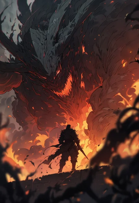 dark cyberpunk, cyber-samurai, action pose, fighting the monster, huge monster, (fire and smoke pillar), (masterpiece), (best quality), (ultra-detailed), very aesthetic, illustration, perfect composition, intricate details, absurdres, (anime, masterpiece, intricate:1.3), (best quality, hires textures, high detail:1.3), (4k),(incredibly detailed:1.4)
masterpiece:1.2, best quality:1.5, highly detailed, depth of field, cinematic lighting, intricate, 8k wallpaper, cg, sharp focus, glowing, intense