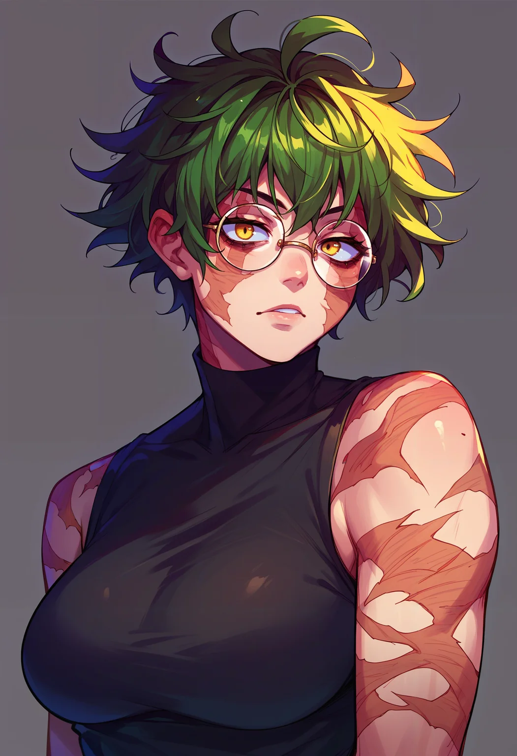 score_9,score_8_up,score_7_up,score_6_up,<lora:maki zenin pdxl goofy:1>maki zenin, 1girl, solo, glasses, scar,large breasts, round eyewear, short hair,messy hair ,yellow eyes,portrait,upepr body