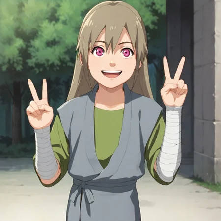 score_9, score_8_up, score_7_up, BREAK, solo, male child, long hair, brown hair, pink eyes, hair between eyes, best, green shirt, leg wrap, bandages, open smile, v