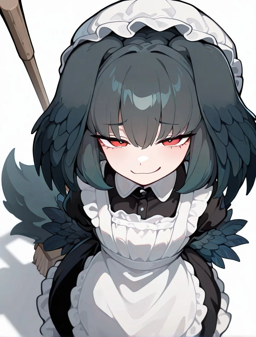 masterpiece, best quality, absurdres, 1girl, kikimora, grey hair, red eyes, arms behind back, maid dress, mop cap, side animal ears, floppy ears, forearm feathers, fluffy tail, broom, smug, from_above, white background, masterpiece, best quality, absurdres <lora:MGE_V5.2_IL:0.7>