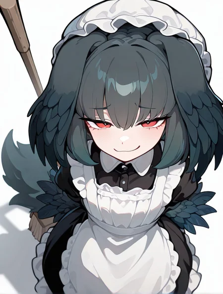 masterpiece, best quality, absurdres, 1girl, kikimora, grey hair, red eyes, arms behind back, maid dress, mop cap, side animal ears, floppy ears, forearm feathers, fluffy tail, broom, smug, from_above, white background, masterpiece, best quality, absurdres <lora:MGE_V5.2_IL:0.7>