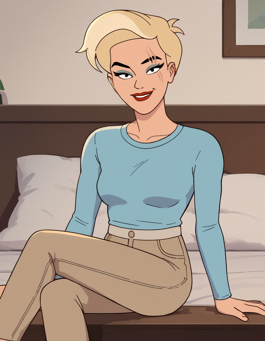 <lora:HarmonyPony1.0:0.8> Harmony, solo, sitting, pants, red lips, smile, long sleeves, makeup, lipstick, indoors, bed, blue shirt, 1girl, blonde hair, short hair, scar across eye background,  score_9, score_8_up, score_7_up, score_6_up, score_5_up, score_4_up, looking at viewer,