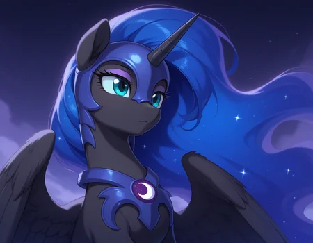resolution, masterpiece, high resolution, (SOLO: 1.2) , wild, detailed background, costs
<lora:Princess_Luna:1>nightmare moon, alicorn, pony, black fur, horn, feathered wings, starry hair, blue hair, blue eyes, purple eyeshadow armor