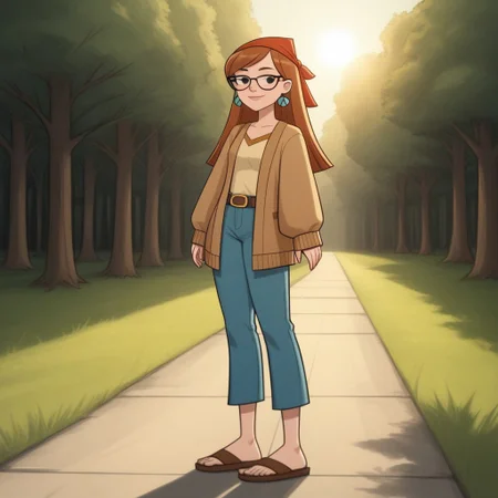 score_9, score_8, BREAK, bandana, auburn hair, glasses, freckles, lips, peace symbol earrings, yellow long sleeves, brown mini-jacket, long jeans, flip flops, total drama, miles_(\total_drama\), belt, black eyes, sexy pose, smile, outdoors, sunlight, shadows, evening lighting, natural lighting, forest, trees, grass, orange sky, sunset