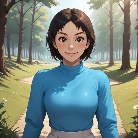 score_9, score_8, BREAK, solo, wii, mii, white skin, black hair, black eyes, dot eyes, brown eyebrows, small nose, blush, smile, cyan clothing, white pants, shoes, breasts, 1girl, female mii, wii sports, cute, Rin_(\Wii_Sports\), Nintendo Mii, modern_mii, classic_mii, sexy pose, self portrait, smile, outdoors, sunlight, shadows, evening lighting, natural lighting, forest, trees, grass, orange sky, sunset