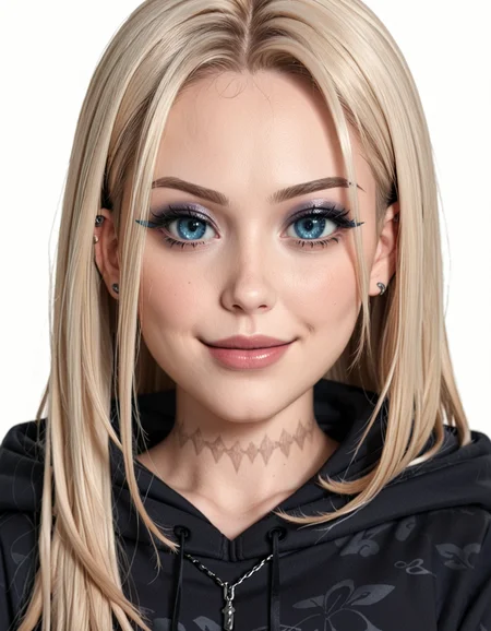 score_9, score_8_up, score_7_up, score_6_up, raw photo, source_realistic, <lora:dullachann-pxl:1>,  dullachann, 1girl, solo, blonde hair, blue eyes, hood, looking at viewer, long hair, white background, hoodie, makeup, black hoodie, close-up, hair behind ear, virtual youtuber, hood down, simple background, eyes visible through hair, lips, piercing, smile