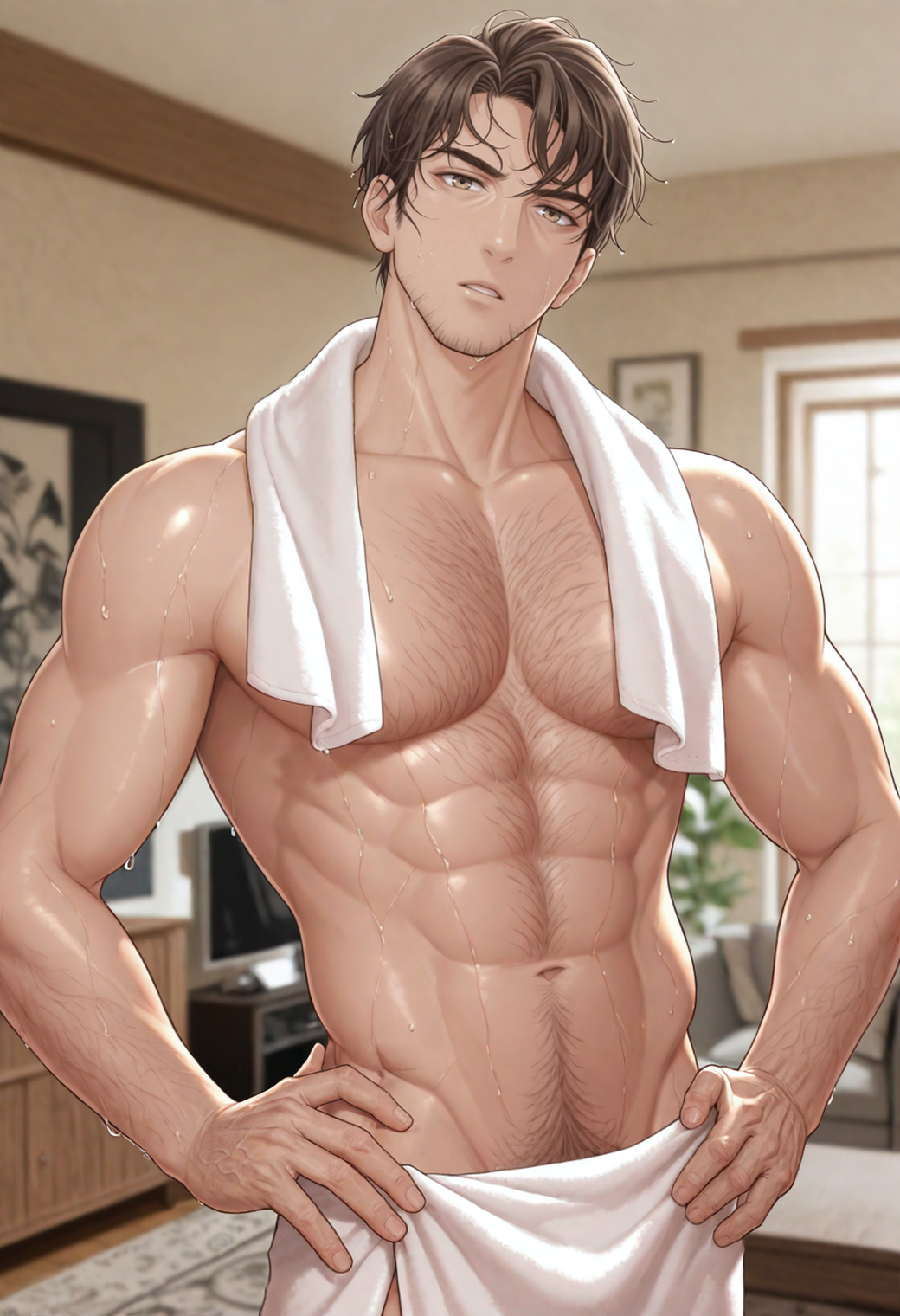 masterpiece,best quality,
1boy,
<lora:darius_morgan_NAI_EPS_1_0_CAME_v1-000026:1>,d4r1u5m,brown hair,short hair,facial hair,stubble,
indoors,topless male,towel around neck,naked towel,toned male,hand on own hip,parted lips,
wet hair,wet,(shiny skin:0.7),
looking at viewer,living room,blurry background,
hairy,hairy chest,(navel hair:0.7),âââ