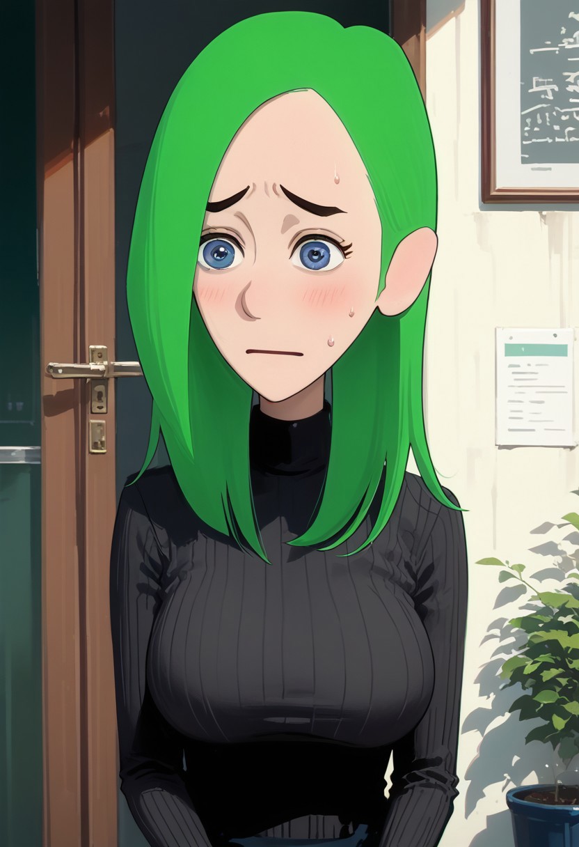 score_9, score_8_up, score_7_up, score_6_up, score_5_up, score_4_up, best quality, ultra detailed, source_anime, intricate details, perfect anatomy, tbmidoriko, green hair, medium hair, hair over one eye, hair behind ear, 1girl, breasts, female, huge breasts, solo focus, pov, sweat, Trouble, embarrassment,