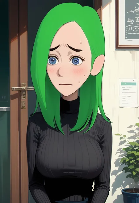 score_9, score_8_up, score_7_up, score_6_up, score_5_up, score_4_up, best quality, ultra detailed, source_anime, intricate details, perfect anatomy, tbmidoriko, green hair, medium hair, hair over one eye, hair behind ear, 1girl, breasts, female, huge breasts, solo focus, pov, sweat, Trouble, embarrassment,