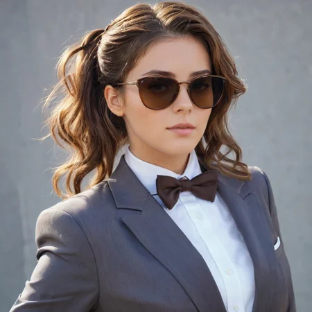 masterpiece, best_quality, 1girl, solo, <lora:k'ra v6.0 XL:0.8>, k'ra, grey eyes, brown hair, suit, bowtie, sunglasses in hair, score_9, score_7_up, source_anime, ntm,