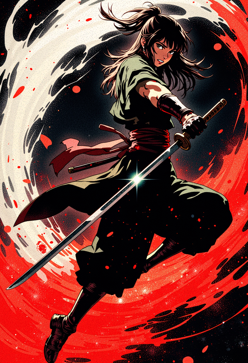 retro anime style, mythp0rt,LowKeyLights_v2, In the pitch-black night, a beautiful female samurai flies through the air, her movement sharp and graceful as she swings her katana downward with fierce precision. Her stunning face, smeared with streaks of blood, remains focused and cold, embodying both beauty and ruthlessness. The force of her swing sends gusts of wind swirling around her, lifting clouds of white and red sand that swirl chaotically in the air, creating an intense and dramatic backdrop. The night is filled with tension as the stark contrast of the pale sand and the blood-red grains encircling her frame heightens the sense of violence and grace intertwined in this powerful moment of action <lora:FluxMythP0rtr4itStyle:0.51>  <lora:Halftone_Flux:0.3> <lora:RetroAnimeFluxV1:1>