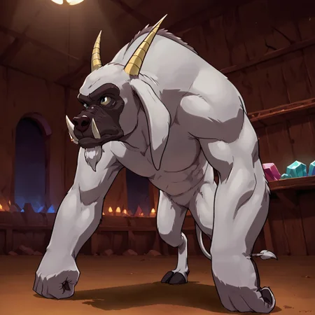 Zpdxl3, Score_7_up, score_8_up, solo male, full body, 2d, source_cartoon, 
BREAK,
flopsie, monster, horns, tusks, horizontal pupils, long ears, standing, looking away, facing to the side, closed mouth,
Indoors, battlefield, crystals,