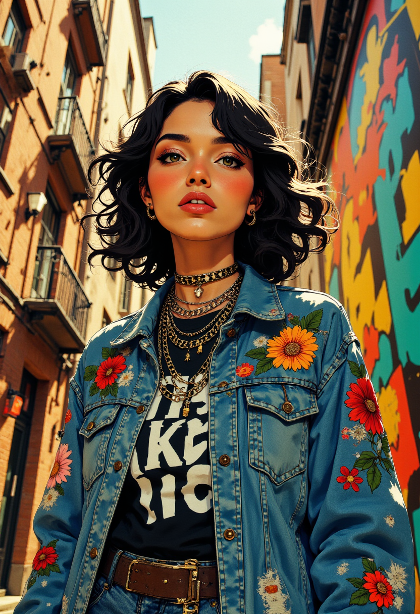 A dynamic street-style portrait of a woman wearing a reinvented denim jacket featuring hand-embroidered floral motifs blooming across the shoulders and elaborate customized patches along the sleeves, with subtle distressing adding character and history. The jacket is styled over a graphic monochrome tee with bold typographic elements visible at the neckline. Multiple layered chain necklaces of varying weights and lengths cascade down her chest, some featuring small pendant charms that catch the light. Her dark hair is styled in loose waves with face-framing tendrils that dance in the slight breeze. Her makeup is understated yet precise, with defined brows, subtle winged eyeliner, and a natural rose-tinted lip. The portrait is captured from a slightly elevated angle, creating a flattering perspective that emphasizes her confident posture and the intricate details of her carefully curated outfit. Behind her, vibrant street art decorates a wall in explosive colors—abstract shapes and bold lines creating a perfect backdrop that's photographed with a shallow depth of field so as not to compete with the subject. Natural light filters between buildings, creating directional illumination that highlights the texture of the denim and the metallic quality of her jewelry while casting soft shadows that add dimension to the image. The composition places her slightly off-center, allowing the colorful environment to complement her style without overwhelming it. The overall color story balances the classic indigo of the denim with pops of color from both the embroidery and the background art, creating a contemporary urban aesthetic that feels authentic and effortlessly cool.j_art