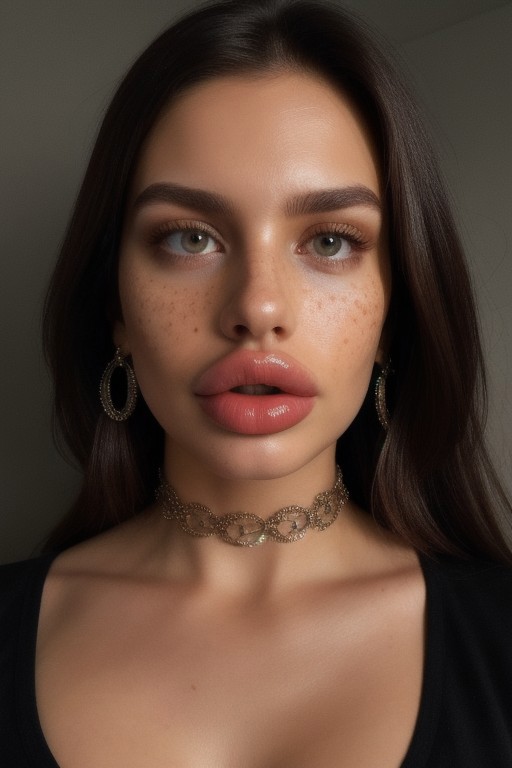 (8k, RAW photo, highest quality), highest quality, absurdres, extremely detailed, sharp focus, professional lighting, 8k wallpaper, A photo of a beautiful gorgeous women, shoulder-length brown hair, brown eyes, (big lips, bimbolips:1.3), natural skin, freckles, big cheekbones, big jaw, model face shapes, German nose, 
(realistic face shapes, realistic: 1.3),
haunting, dramatic, ornate, detailed, extremely high-resolution details, photographic, realism pushed to extreme, fine texture, 4k, ultra-detailed, high quality, high contrast,
half body shot,
Looking at viewer, halfsection, choker, big earrings,
slim-tight top