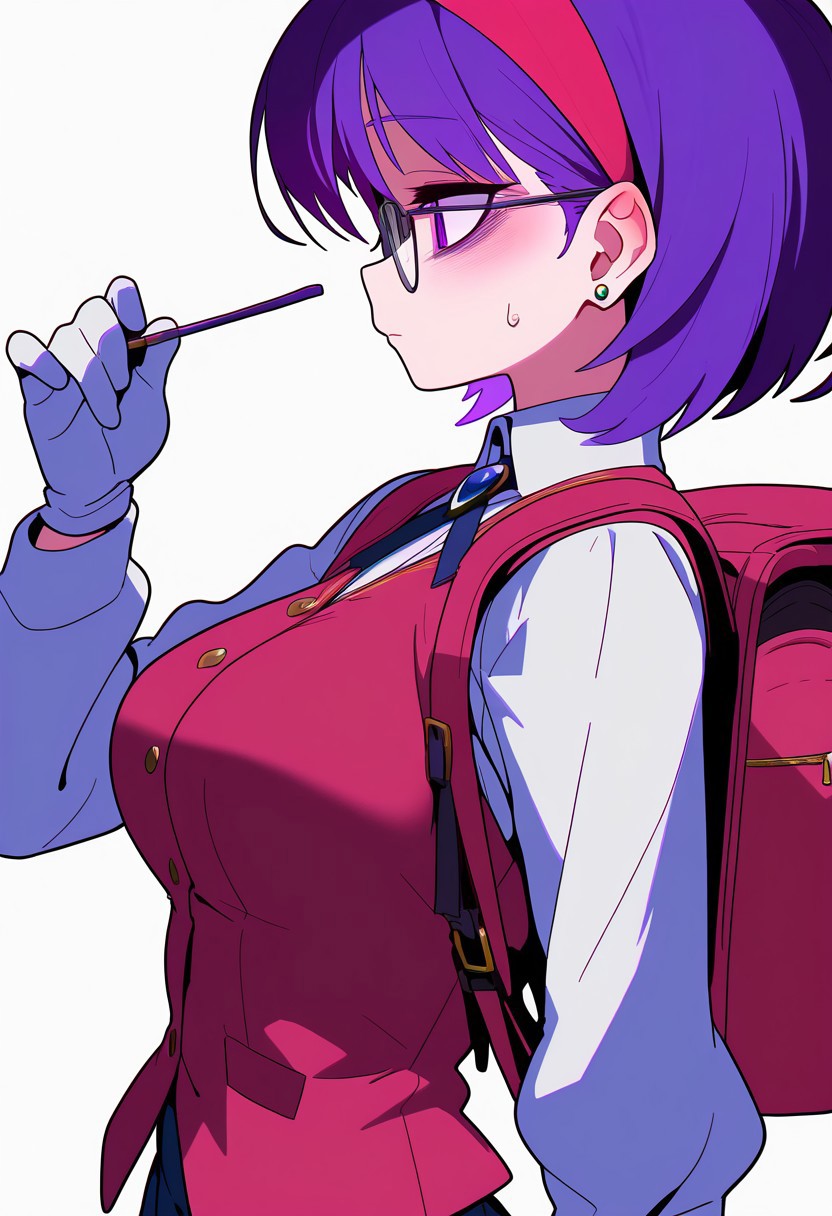 masterpiece, best quality, very aesthetic, high resolution, ultra-detailed, absurdres, newest, extremely detailed eyes, beautiful, perfect lighting, hi res, amazing quality, very awa, COLIG_ST, 1girl, red hairband, jewelry, purple hair, earrings, white background, white gloves, simple background, backpack, upper body, short hair, profile, from side, bag, closed mouth, sweatdrop, purple eyes, glasses, holding, bangs, vest, hair behind ear