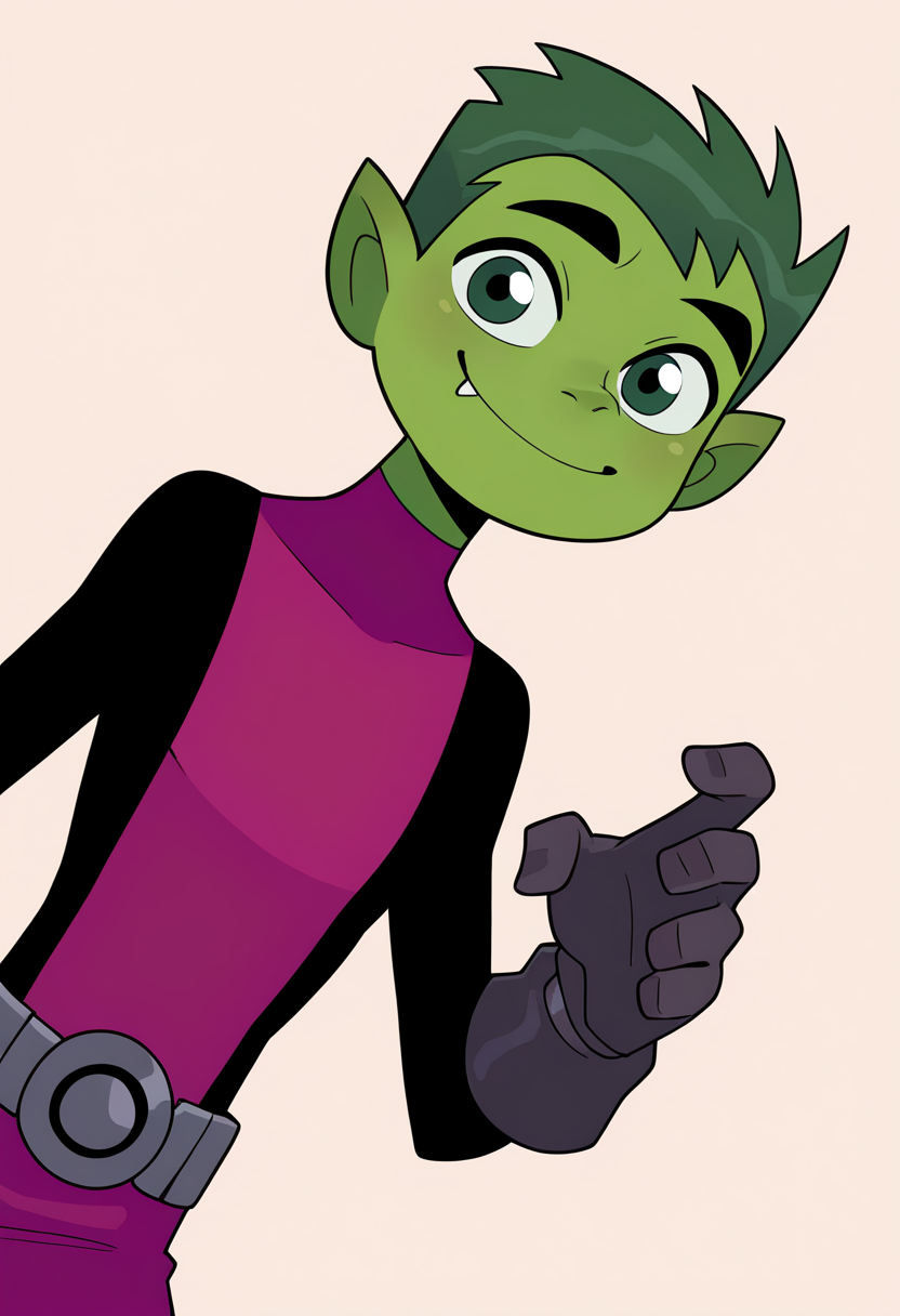 masterpiece, best quality, very aesthetic, absurdres,
1boy, beastboy, green hair, short hair, green skin, body suit, belt, fang, gloves,
upper body,
smile, solo, looking at viewer, simple background, white background,    <lora:BeastBoyTTNoobXL_byKonan:1>