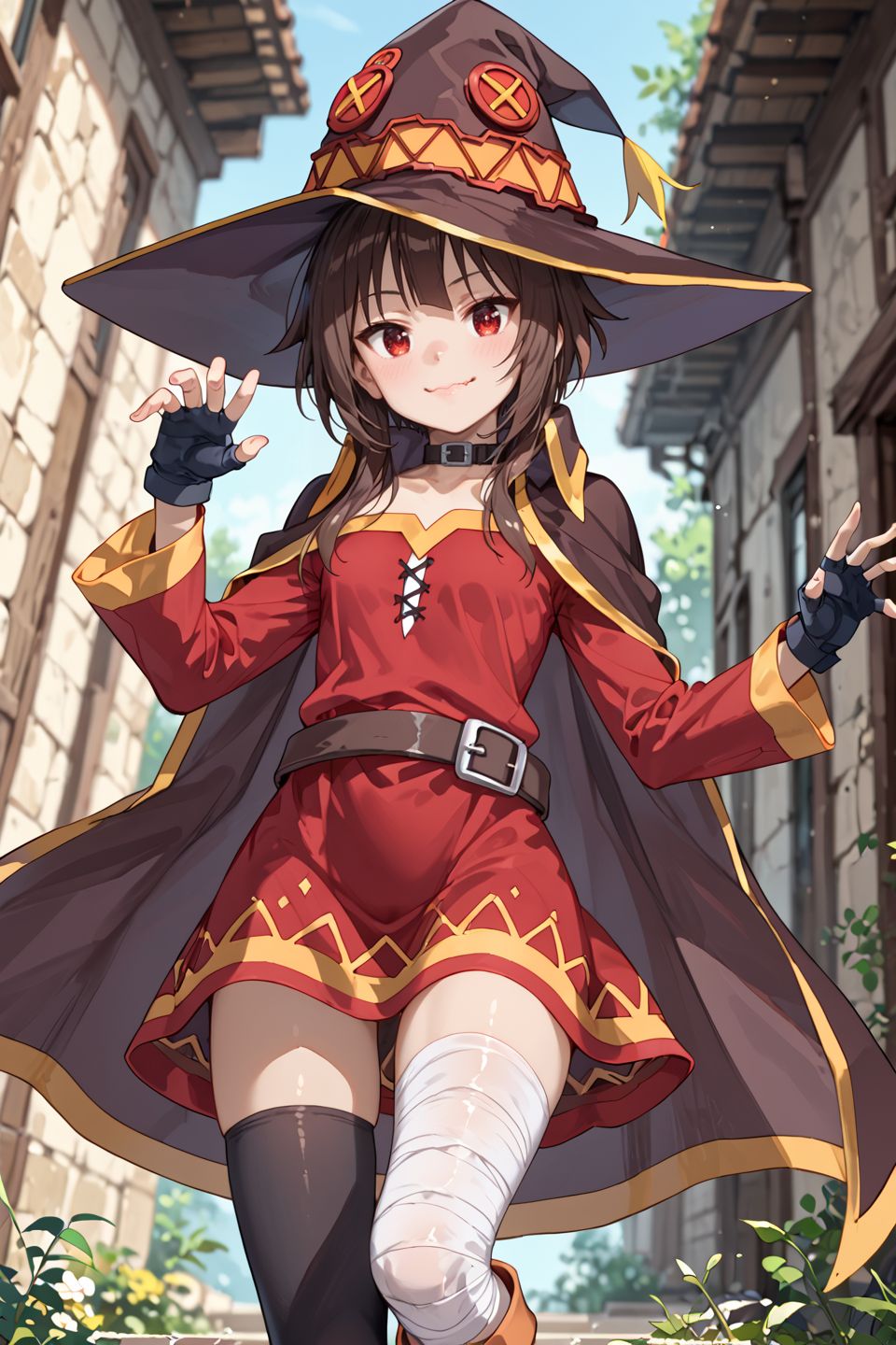 score_9, score_8_up, score_7_up, high detailed, best quality, extremely detailed, high detailed, (atmospheric perspective), blurry background, uncensored
1girl, solo, brown hair, red eyes, outdoors, small breasts, lips, nature, standing, day, bangs, medium hair, slim, slender,
BREAK
Megumin,hat,witch hat,brown hair,short hair,bangs,short hair with long locks,red eyes,collar,choker,cape,black cape,dress,red dress,long sleeves,gloves,black gloves,fingerless gloves,belt,thighhighs,black thighhighs,bandages,bandaged leg,asymmetrical legwear,boots,
<lora:Fant5yP0ny:0.4> <lora:Megumin_Illustrious:0.5> <lora:lora:0.5>
looking at viewer, smile, dynamic pose, facing at viewer, head tilt, open stance, dutch angle, from below, open arms for viewer, panicking, wavy mouth