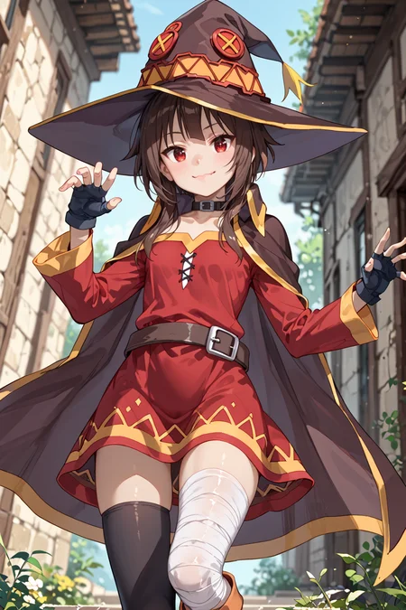 score_9, score_8_up, score_7_up, high detailed, best quality, extremely detailed, high detailed, (atmospheric perspective), blurry background, uncensored
1girl, solo, brown hair, red eyes, outdoors, small breasts, lips, nature, standing, day, bangs, medium hair, slim, slender,
BREAK
Megumin,hat,witch hat,brown hair,short hair,bangs,short hair with long locks,red eyes,collar,choker,cape,black cape,dress,red dress,long sleeves,gloves,black gloves,fingerless gloves,belt,thighhighs,black thighhighs,bandages,bandaged leg,asymmetrical legwear,boots,
<lora:Fant5yP0ny:0.4> <lora:Megumin_Illustrious:0.5> <lora:lora:0.5>
looking at viewer, smile, dynamic pose, facing at viewer, head tilt, open stance, dutch angle, from below, open arms for viewer, panicking, wavy mouth