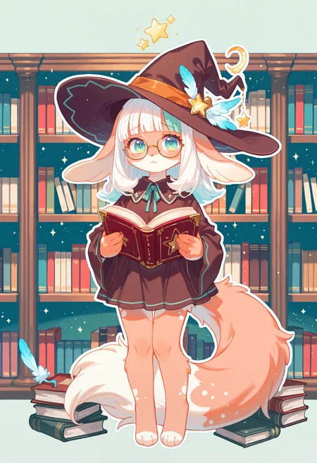 (incredibly_absurdres, amazing_background, best quality, pastel_colors, bright_colors, colorful, soft_colors, sparkle, shiny, glowing, fantasy, star_(symbol), detailed_background, detailed_eyes, stylized, watercolor_(medium))
(SNRA-Illu, library, book_shelf, hat, book, solo, white outline, outline, 1girl, bangs, simple background, tail, white hair, animal hands, mole, blunt bangs, full body, witch hat, green eyes, tears, furry female, green background, cup, furry, multicolored hair, feathers, looking at viewer, blue eyes, glasses, brown headwear, medium hair, open book, mole under eye)
