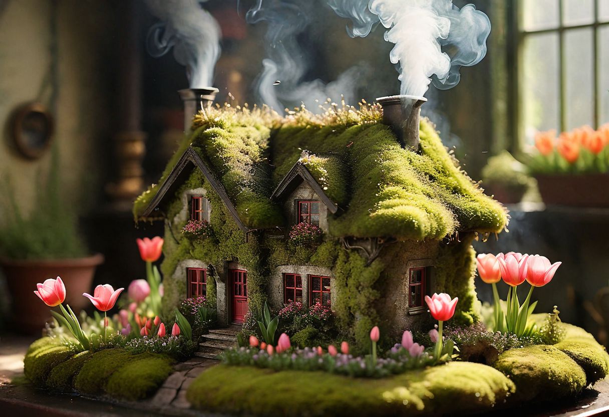 moss-covered house, blooming tulip interior, miniature chimney, smoke wisps, fantasy, detailed, sunlight filtering through petals, hyperrealistic, soft focus, vibrant colors