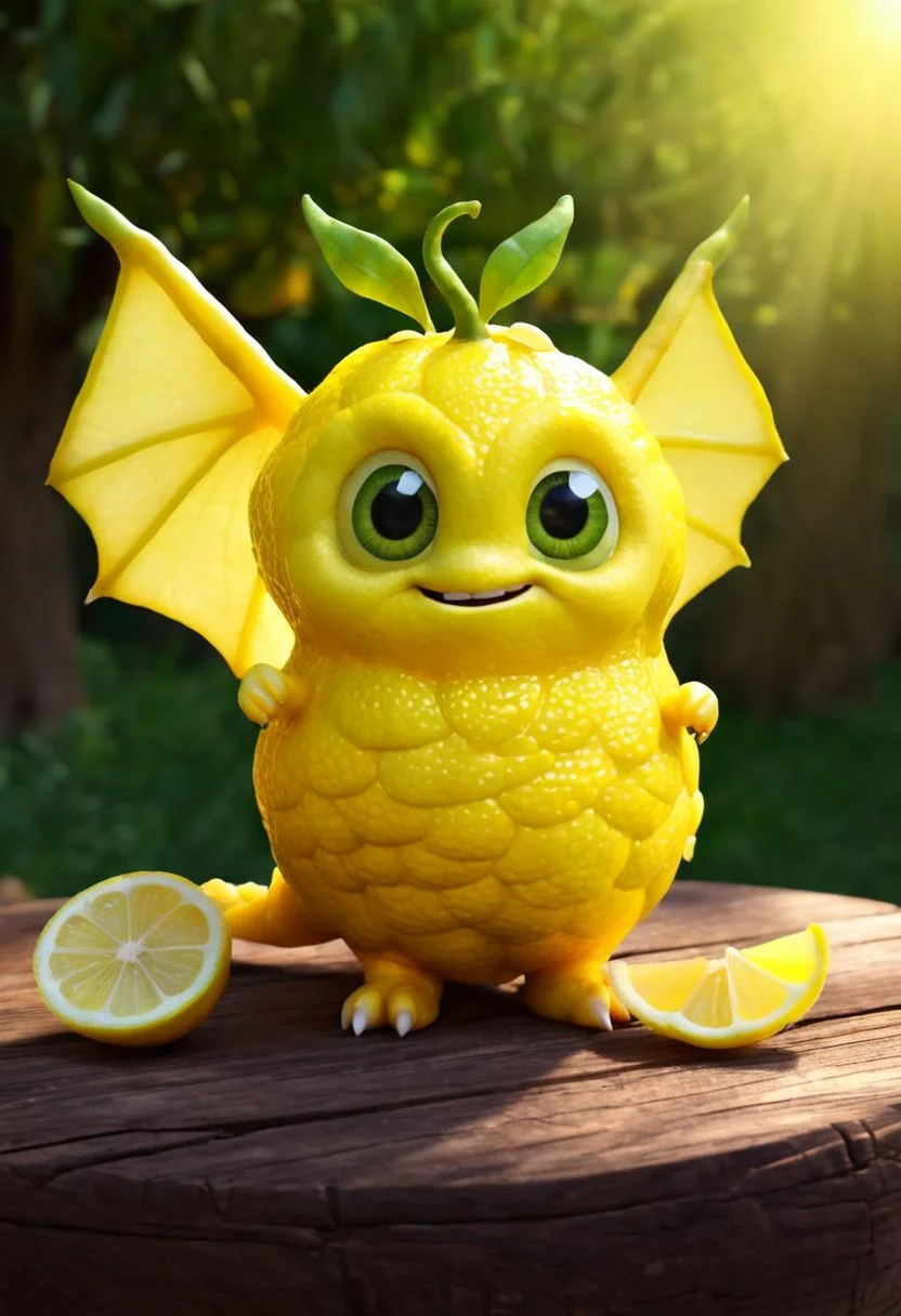 Create an image of an adorable dragon-like creature with the texture and color of a ripe lemon. The creature's body is covered in a vibrant lemon peel, with characteristic dimples and a slightly bumpy surface. Its wings are shaped like lemon slices, with a semi-transparent appearance that allows light to pass through. The dragon's face is round and friendly, with large, expressive eyes, a small snout, and tiny horns that resemble the stem of an lemon . Its tail is long and curled, mimicking the spiral pattern of an lemon peel. The dragon is posed playfully, as if it were about to take flight, with its wings spread and its claws gently gripping a wooden branch. Surrounding the creature are actual lemons, some whole and some sliced, scattered on a rustic wooden table. In the background, a warm, golden light filters through the leaves of a nearby tree, creating a magical and inviting atmosphere. The overall image conveys a sense of whimsy and charm, blending the fantastical with the familiar.