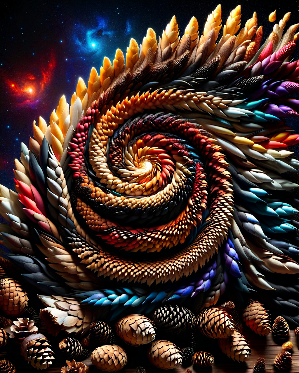 ral-pinecone, a spiral galaxy made entirely of pine cones, background black color