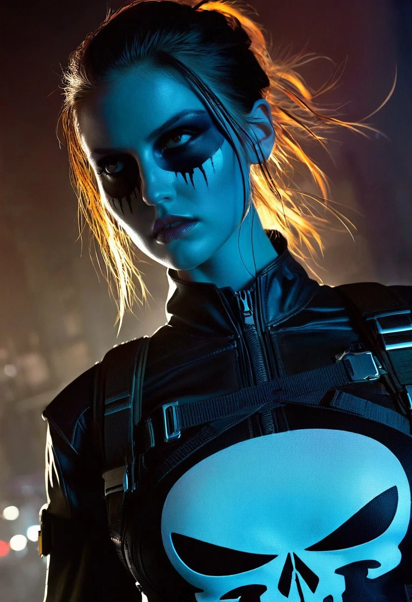 A hyper-realistic depiction of a lone girl's upper body, clad in a dark, gritty Punisher outfit, complete with a stark white skull emblem on her chest, set against a muted, urban backdrop with bold, cinematic lighting, intense shadows, and a futuristic, high-contrast color palette, shot from a slight low-angle perspective with a wide-aperture lens, emphasizing her determined gaze and rugged attire, in the style of a detailed digital painting with subtle texture and depth.