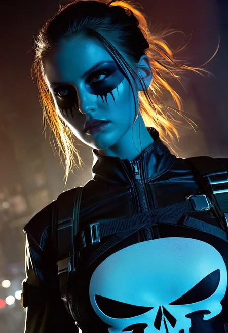 A hyper-realistic depiction of a lone girl's upper body, clad in a dark, gritty Punisher outfit, complete with a stark white skull emblem on her chest, set against a muted, urban backdrop with bold, cinematic lighting, intense shadows, and a futuristic, high-contrast color palette, shot from a slight low-angle perspective with a wide-aperture lens, emphasizing her determined gaze and rugged attire, in the style of a detailed digital painting with subtle texture and depth.