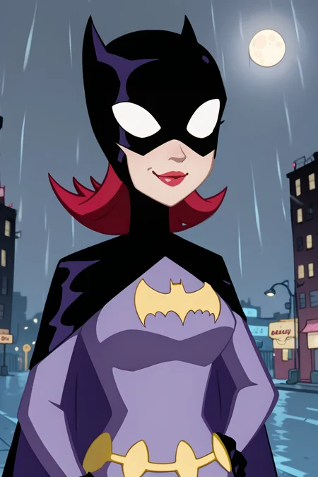 batgirl, 1girl, solo, smile, mask, (white eyes, no pupils:0.9), red hair, lipstick, red lips, black cape, bat print, dark purple bodysuit, utility belt, black gloves, looking at viewer, upper body, raining, rain, night, city, street, moon, zPDXL, <lora:Batgirl:0.85>, <lora:LeisureSuitLarry-WD-PonyXL-V1:0.8>