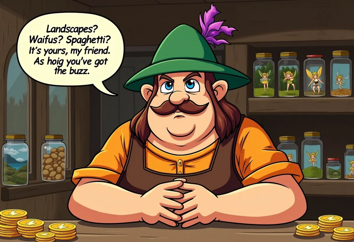 (morshu the shopkeeper with a speech bubble saying "Landscapes? Waifus? Spaghetti? It's yours, my friend. As long as you've got the buzz"), fat, cleft chin, smile, green hat with a purple feather, brown hair, brown moustache, brown vest, orange tunic, clasped hands, 2D, flat shading, flat color, jagged lines, furrowed brow, tight-lipped smile, shiny lightning bolt coins on the counter, cute anime fairy-girls in jars on shop shelves, nonsensical landscape paintings on the walls, medieval fantasy shop background, morshu meme, morshu from Zelda CD-i, zeldacdistyle