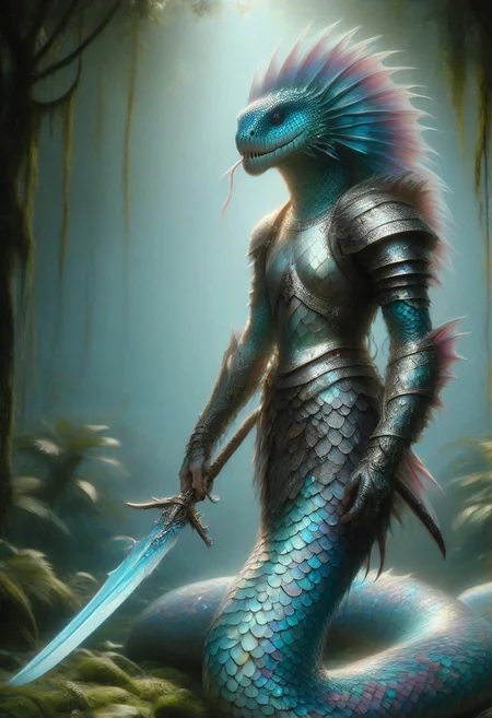 naga, p1nk1r1sc4l3s, holding a sword, made out of iridescent scales, armor