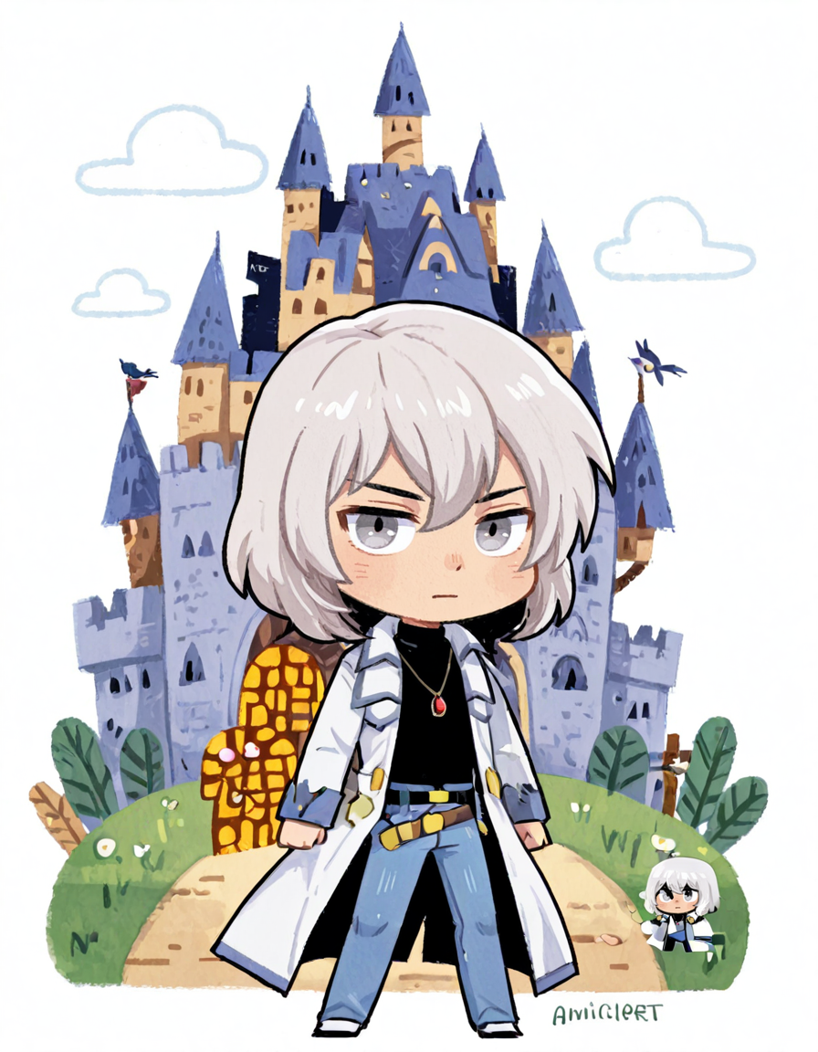 solo, 1boy, male focus, jewelry, belt, coat, denim, pants, jeans, necklace, turtleneck, white hair, grey eyes, pendant, soma cruz <lora:Soma_Cruz_Castlevania_Aria_of_SorrowIllustrious:1>  <lora:Amazon(Taitara)_IL:0.8> taitara <lora:Amelicart_style_Illustrious_Xl:0.8> 0mel1c0rt , chibi only, castle