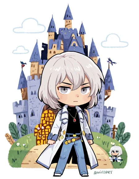 solo, 1boy, male focus, jewelry, belt, coat, denim, pants, jeans, necklace, turtleneck, white hair, grey eyes, pendant, soma cruz <lora:Soma_Cruz_Castlevania_Aria_of_SorrowIllustrious:1> <lora:Amazon(Taitara)_IL:0.8> taitara <lora:Amelicart_style_Illustrious_Xl:0.8> 0mel1c0rt , chibi only, castle