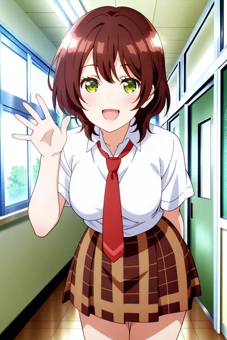 anime screenshot, hinami aoi, 1girl, solo, brown hair, short hair, green eyes, medium breasts, school uniform, white shirt, collared shirt, short sleeves, red necktie, brown skirt, plaid skirt, looking at viewer, smile, open mouth, hand up, open hand, arm behind back, leaning forward, cowboy shot, indoors, hallway, masterpiece, best quality, high quality, highres, absurdres, <lora:hinami_aoi_ILXL:0.9>