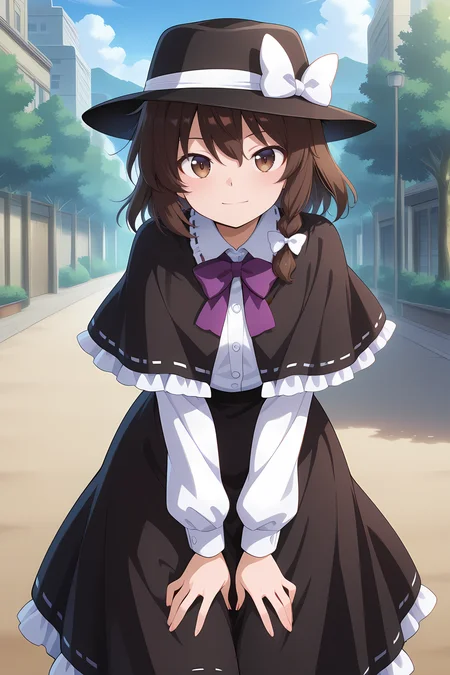 absurdres, highres, masterpiece, best quality, amazing quality, official anime artwork, screencap, anime screencap, outdoors, light smile, looking at viewer, dynamic pose,
<lora:Usami-Renko_Illustrious:1> usami renko, 1girl, solo, brown hair, brown eyes, medium hair, side braid, hair bow, white bow,, black hat, white hat bow, black capelet, frilled capelet, purple bowtie, white shirt, long sleeves, black skirt, long skirt, frilled skirt,